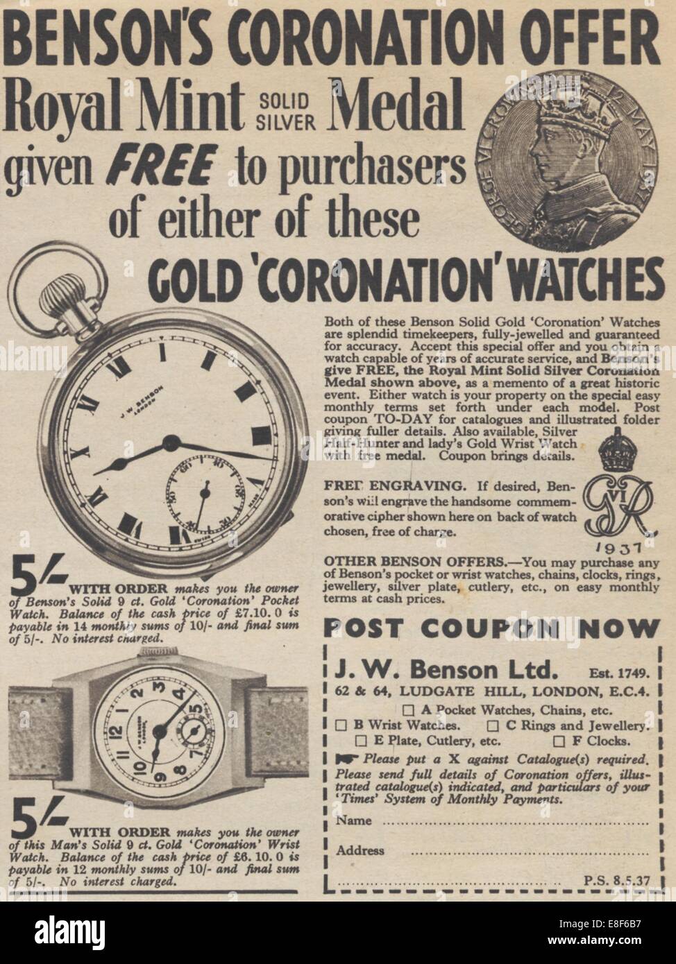 J W Benson Corornation watches, 1937. Artist: Unknown Stock Photo