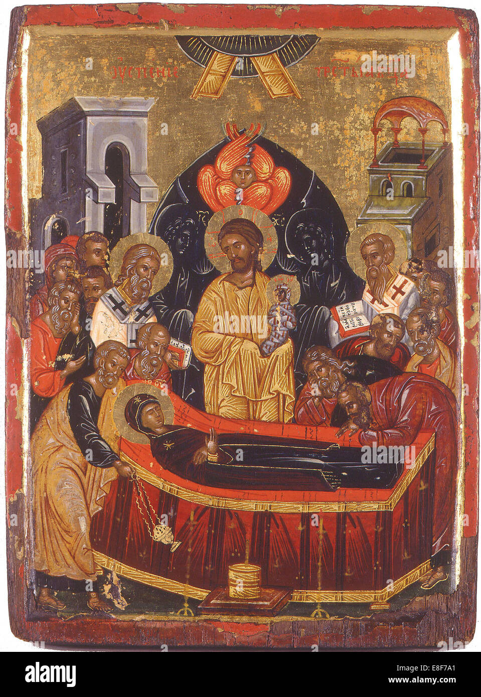 The Dormition of the Virgin. Artist: Byzantine icon Stock Photo