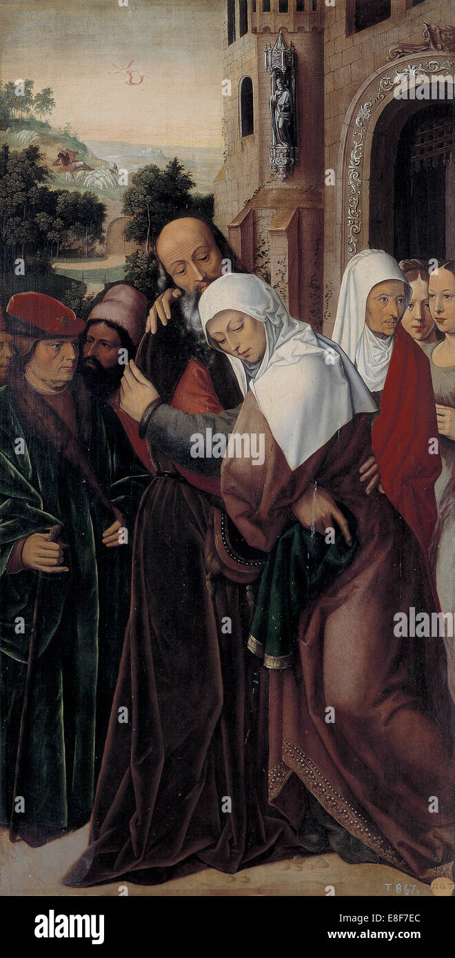 Meeting of Saints Joachim and Anne at the Golden Gate. Artist: Benson, Ambrosius (1495-1550) Stock Photo