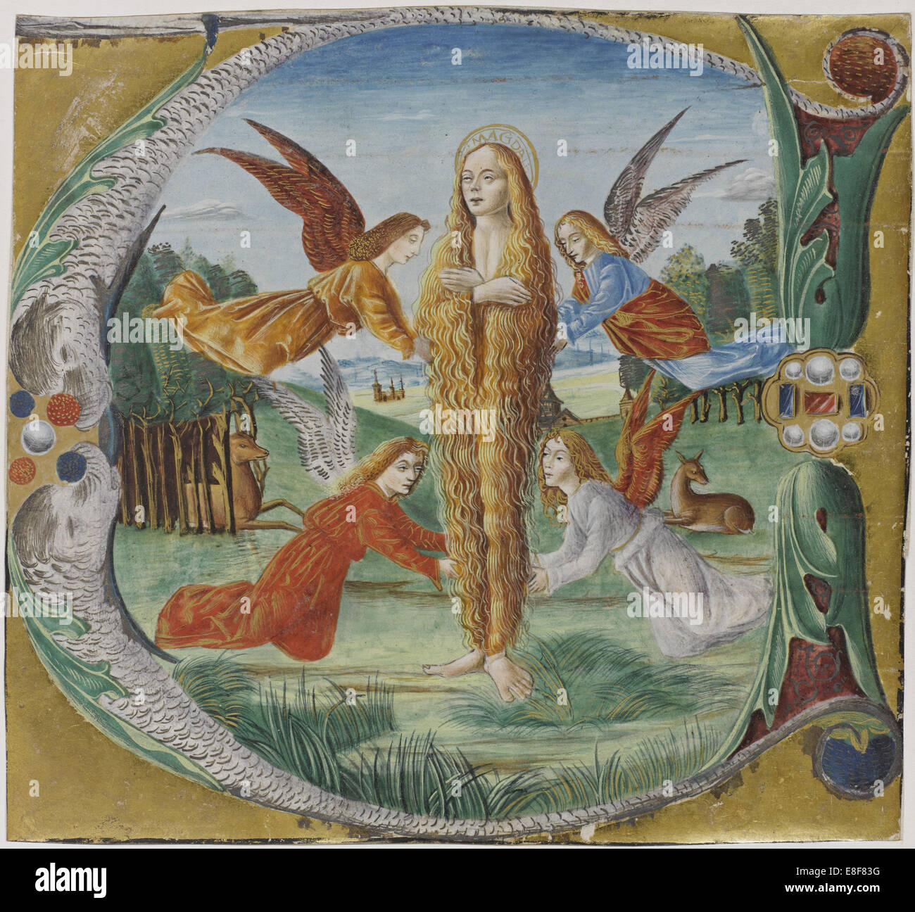 Saint Mary Magdalen surrounded by angels. Artist: Maestro del Salomone Wildenstein (active End of 15th cen.y) Stock Photo