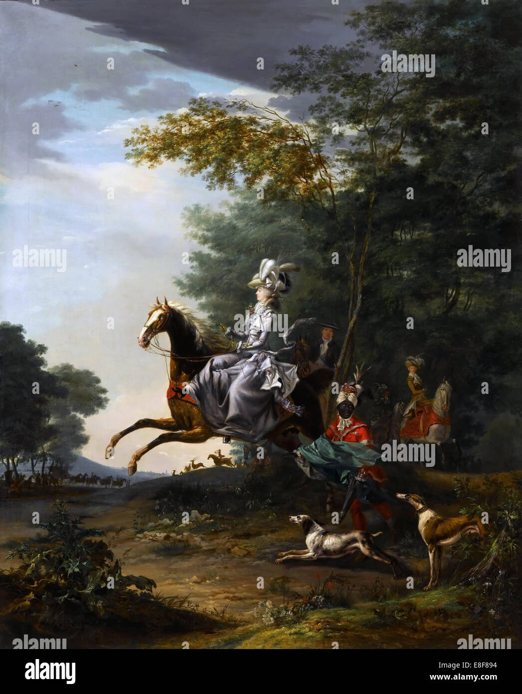 Marie-Antoinette (1755-1793) Hunting with Dogs. Artist: Brun de Versoix, Louis-Auguste (1758-1815) Stock Photo
