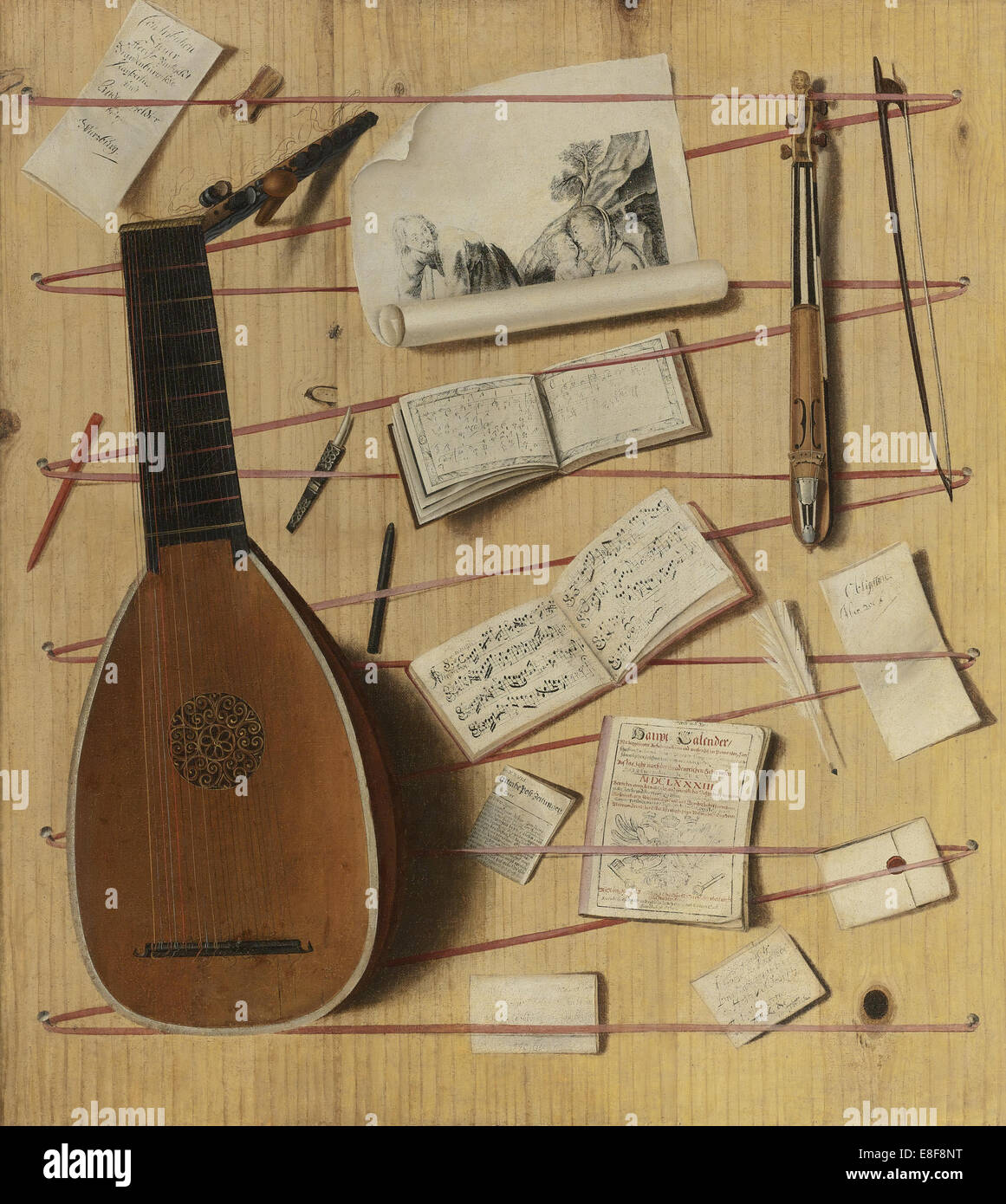 Trompe l'oeil still life with a lute, rebec and music sheets. Artist: Gijsbrechts, Cornelis Norbertus (before 1657-after 1675) Stock Photo