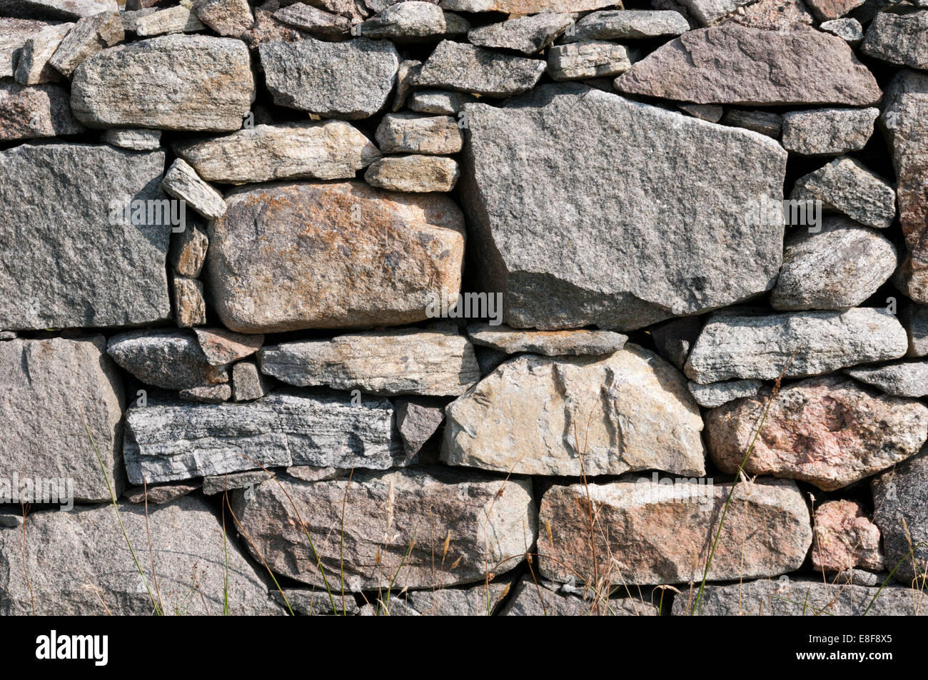 A dry stone wall in the Outer Hebrides containing large blocks of Lewisian Gneiss. Stock Photo