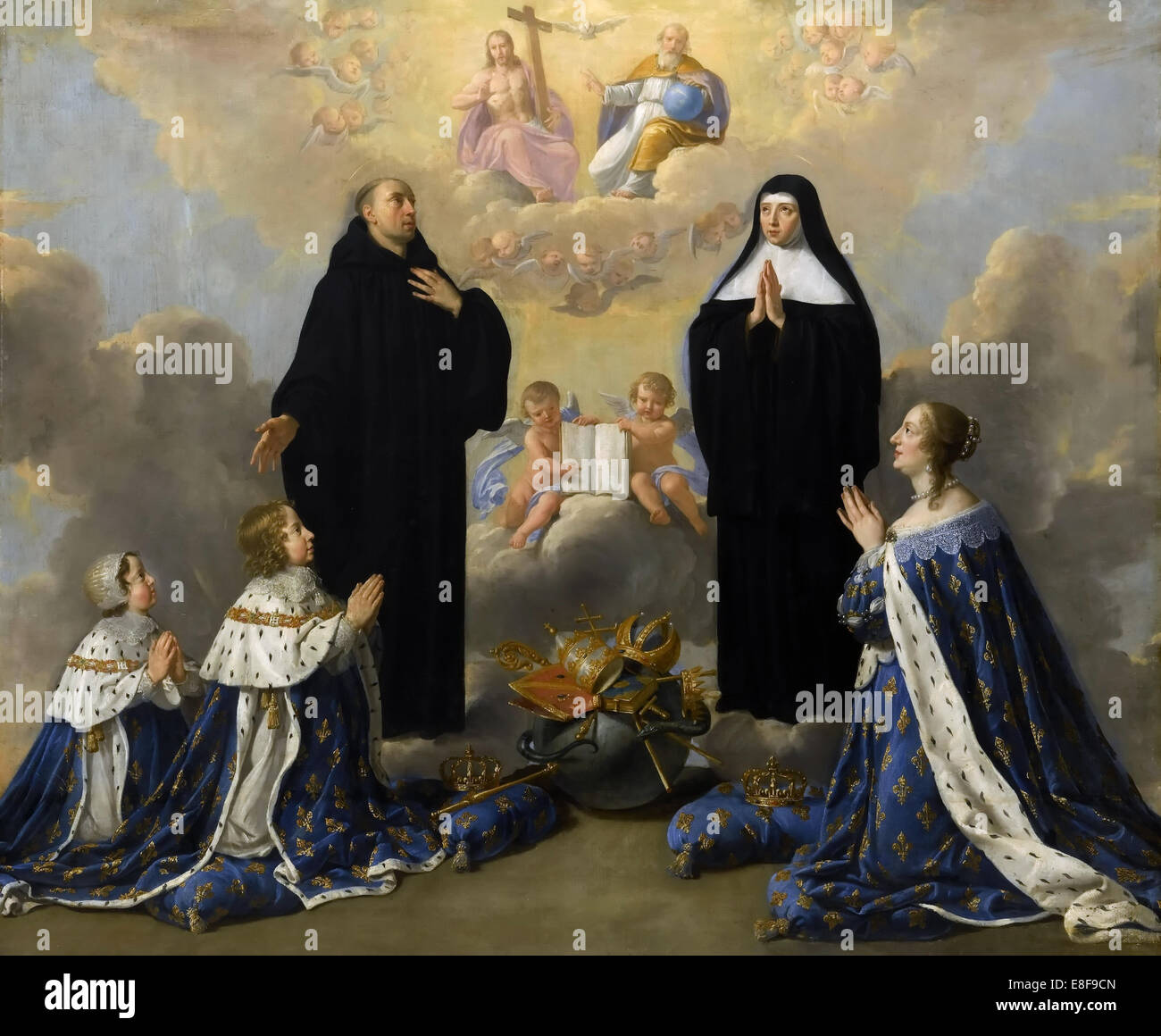 Anna of Austria with her children, praying to the Holy Trinity with Saints Benedict and Scholastica. Artist: Champaigne, Philippe, de (1602-1674) Stock Photo