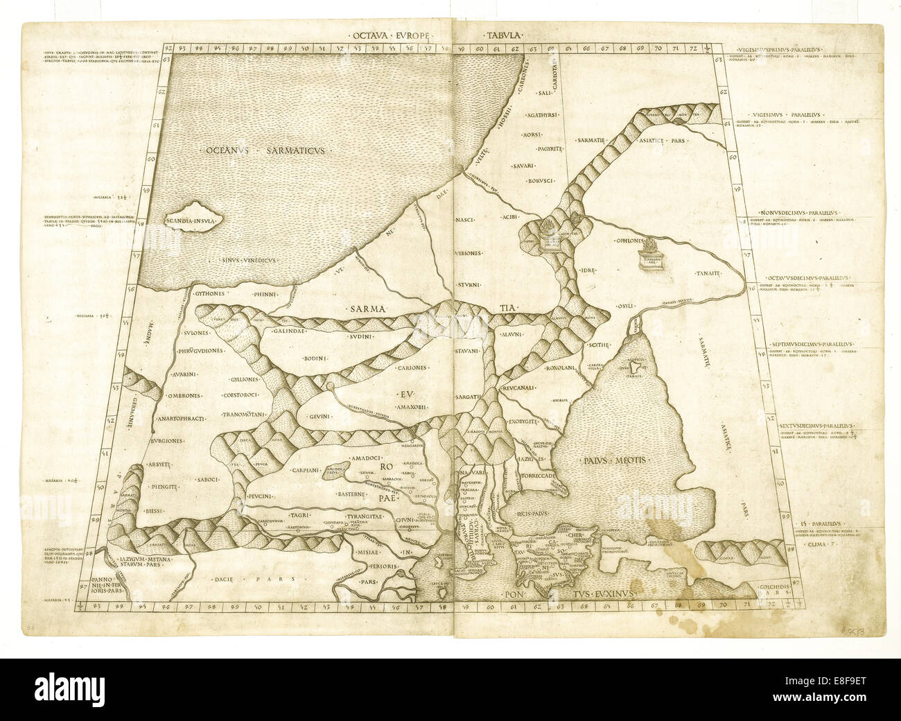 Map of Muscovy by Ptolemy (Octava Europe Tabula). Artist: Anonymous master Stock Photo