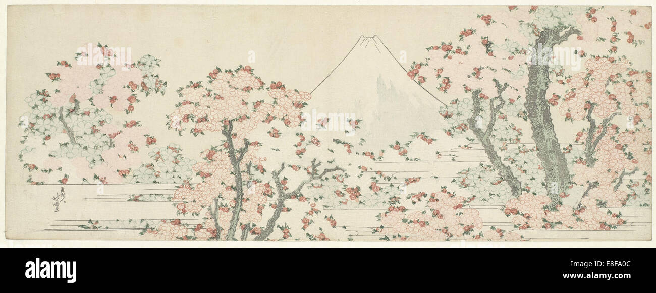 The Mount Fuji with Cherry Trees in Bloom. Artist: Hokusai, Katsushika (1760-1849) Stock Photo