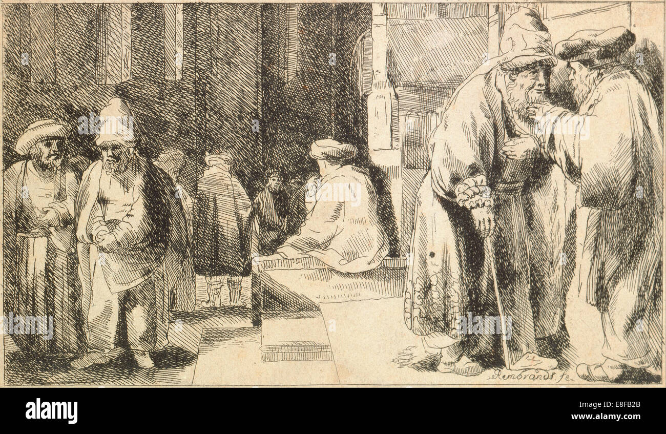 Jews in the Synagogue. Artist: Rembrandt van Rhijn (1606-1669) Stock Photo