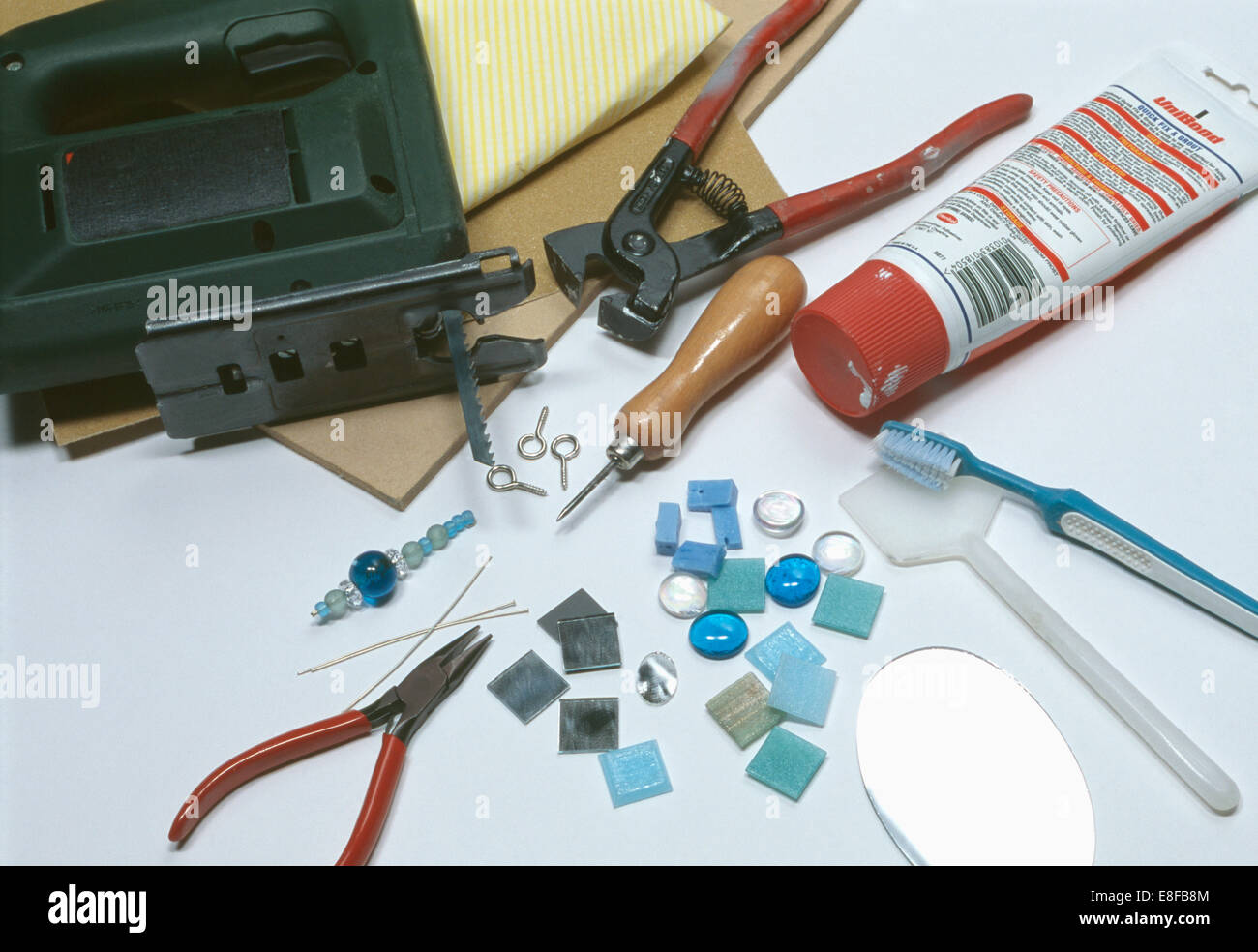 Close-up of tools and materials for use in mosaic work Stock Photo