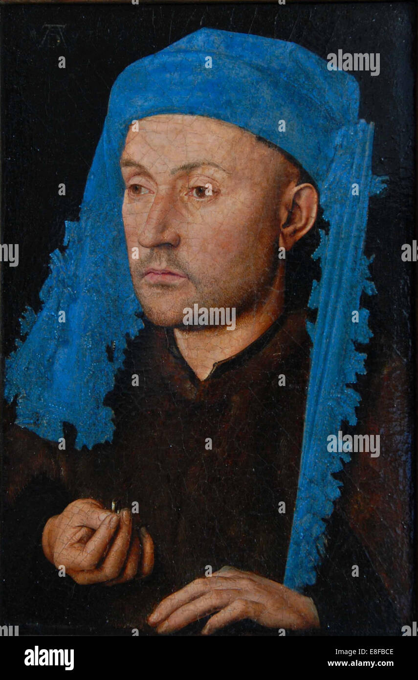 Portrait of a man with a blue chaperon (Man with Ring). Artist: Eyck, Jan van (1390-1441) Stock Photo