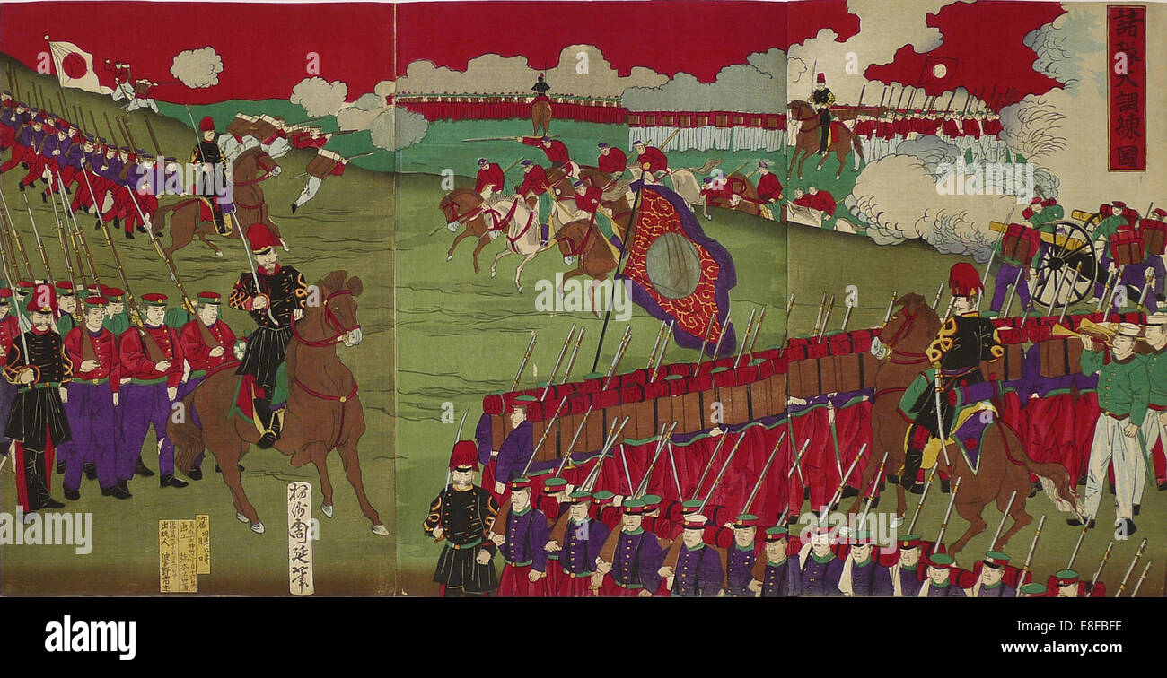 The Great Training Maneuvers by Various Army Corps (Shotai dai choren no zu). Artist: Chikanobu, Toyohara (1838–1912) Stock Photo
