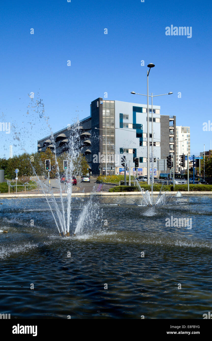 Car park and fountains, Cardiff Bay, Cardiff, Wales, UK. Stock Photo
