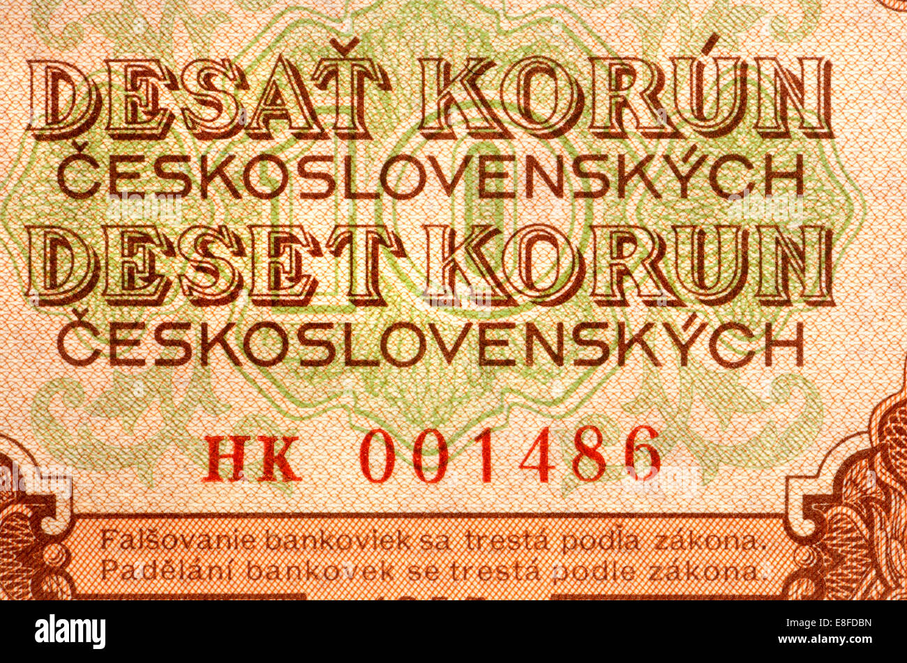 Detail from a Czechoslovakian 1953 banknote showing Czech and Slovak languages - ten crowns Stock Photo
