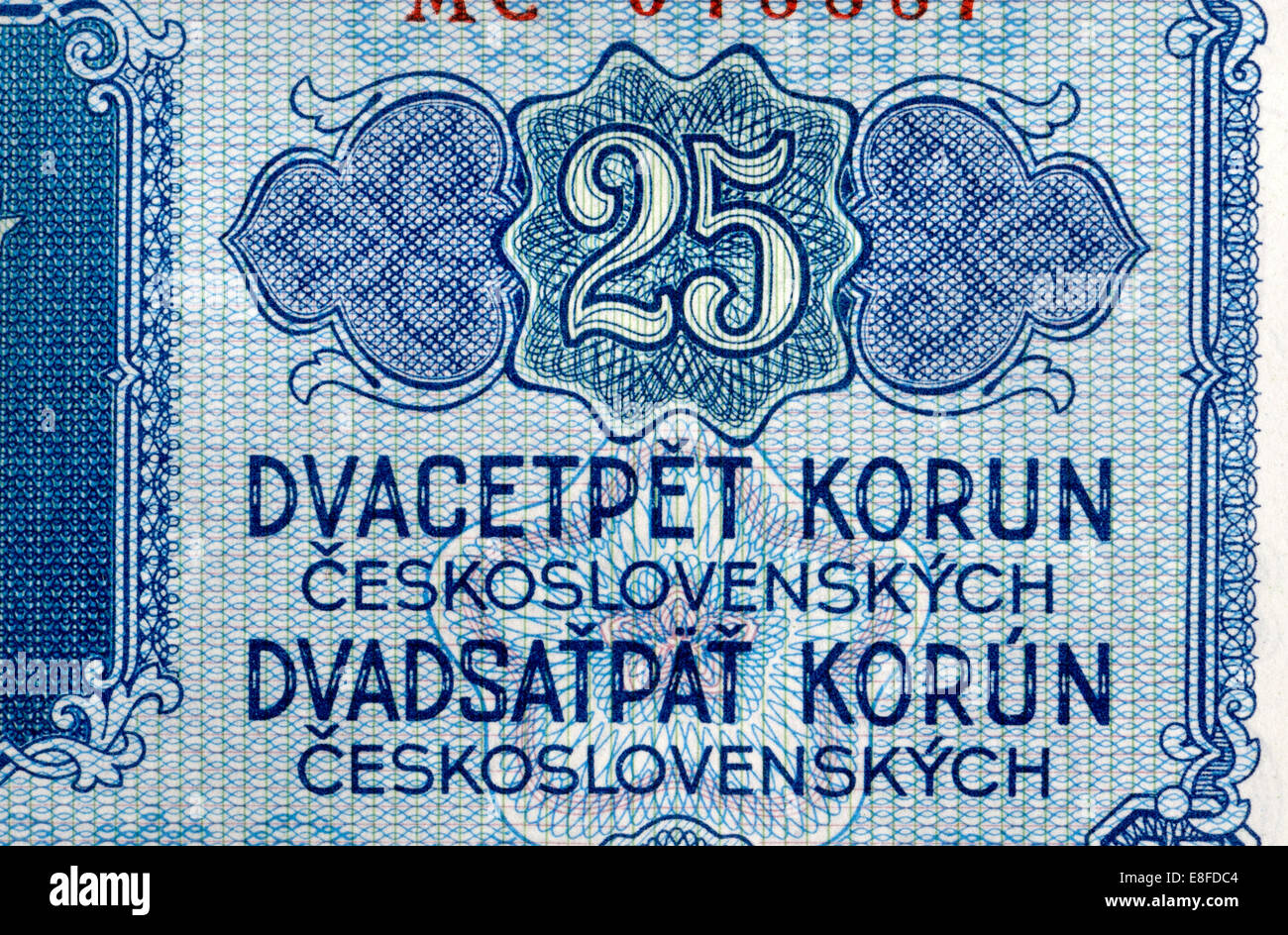 Detail from a Czechoslovakian 1953 banknote showing Czech and Slovak languages - 25 crowns Stock Photo