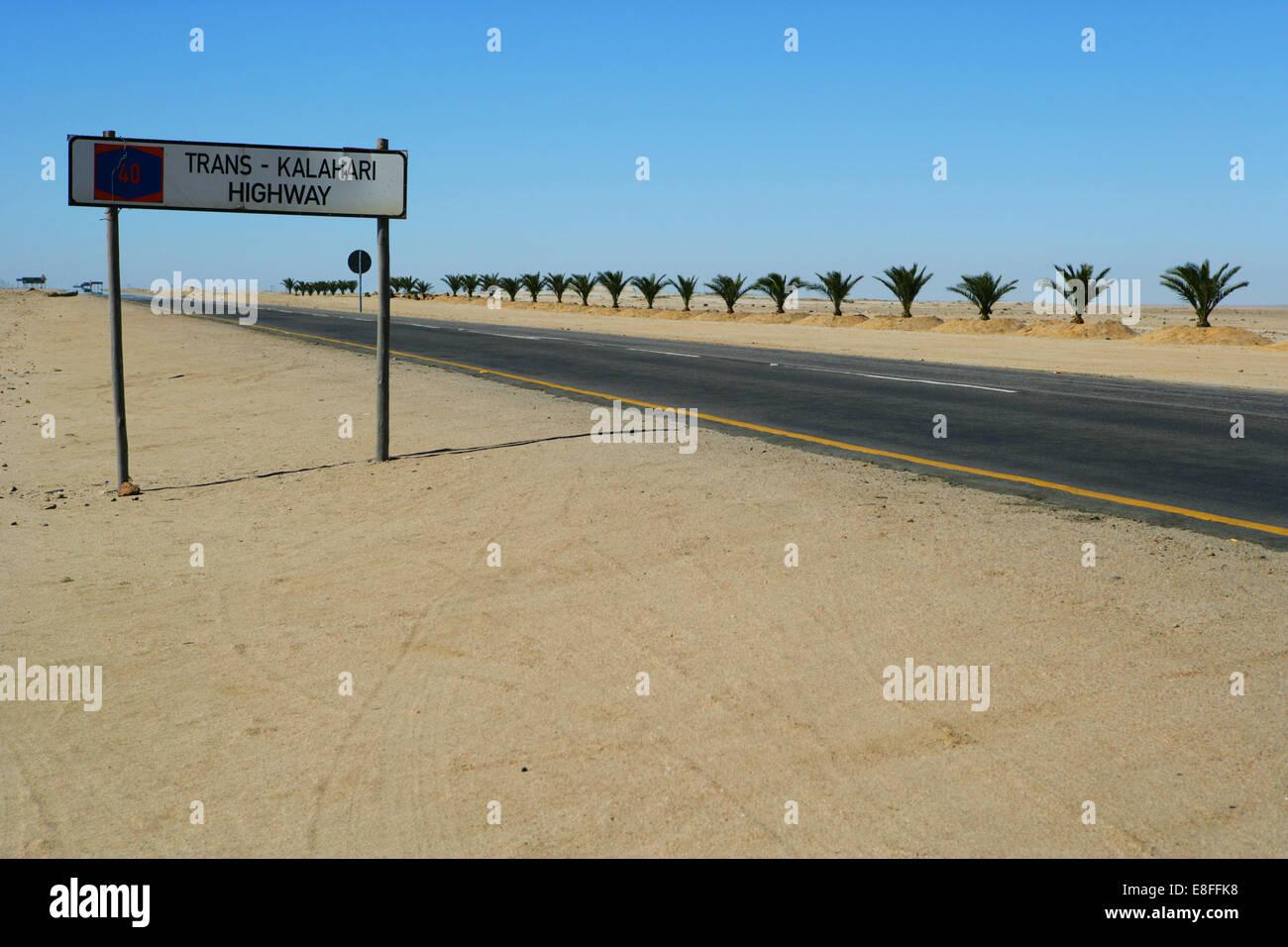 Roadside Trans-Kalahari highway road sign, Kalahari Desert, Namibia Stock Photo