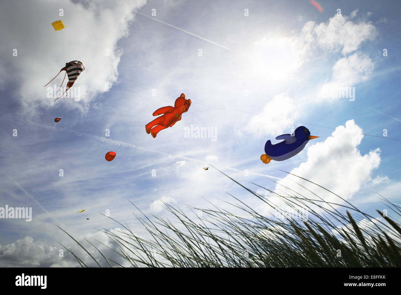 Low angle view of kites flying at kite festival, Fanoe, Denmark Stock
