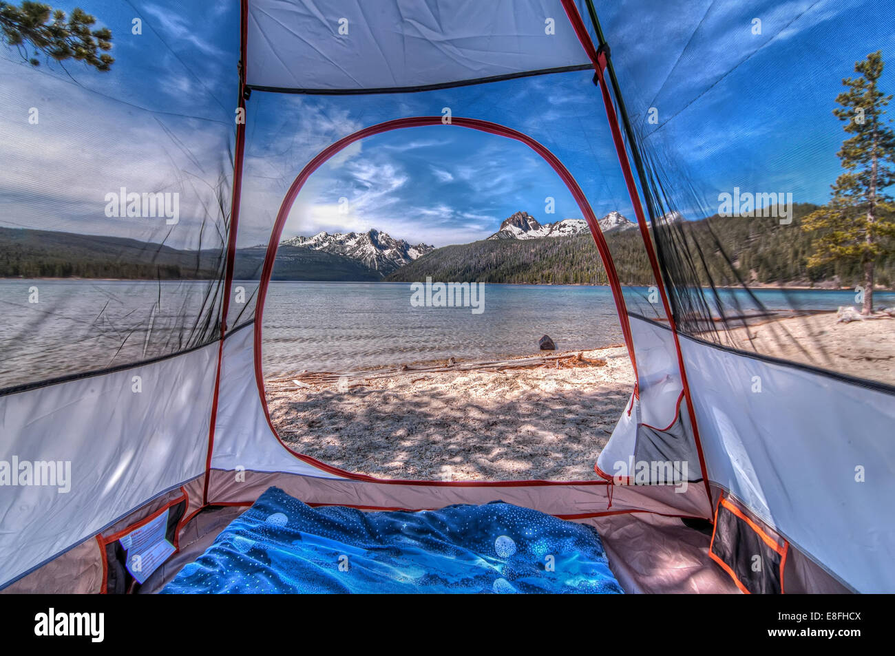 USA, Idaho, Custer County, Custer, Redfish Lake Road, Redfish Lake, Camping in Mountains Stock Photo