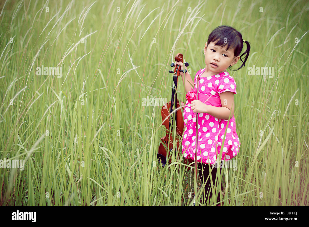 Girl standing in meadow holding violin Stock Photo - Alamy