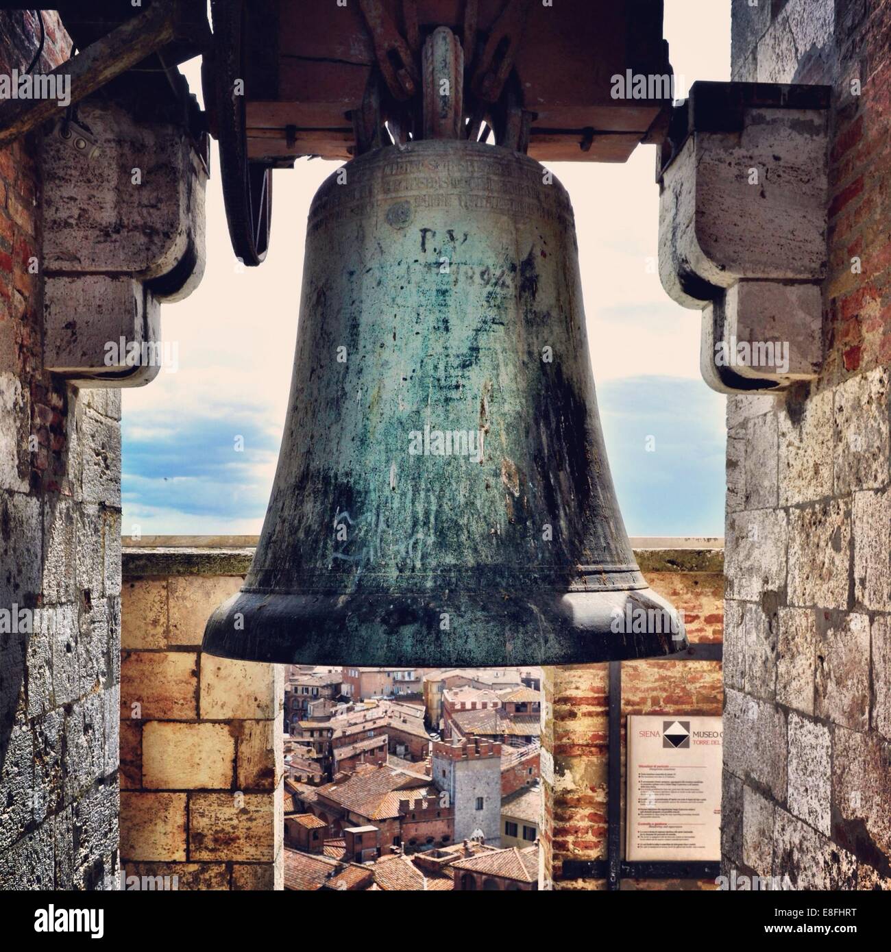 Italy, Tuscany, Siena, Bell in Torre del Mangia Stock Photo