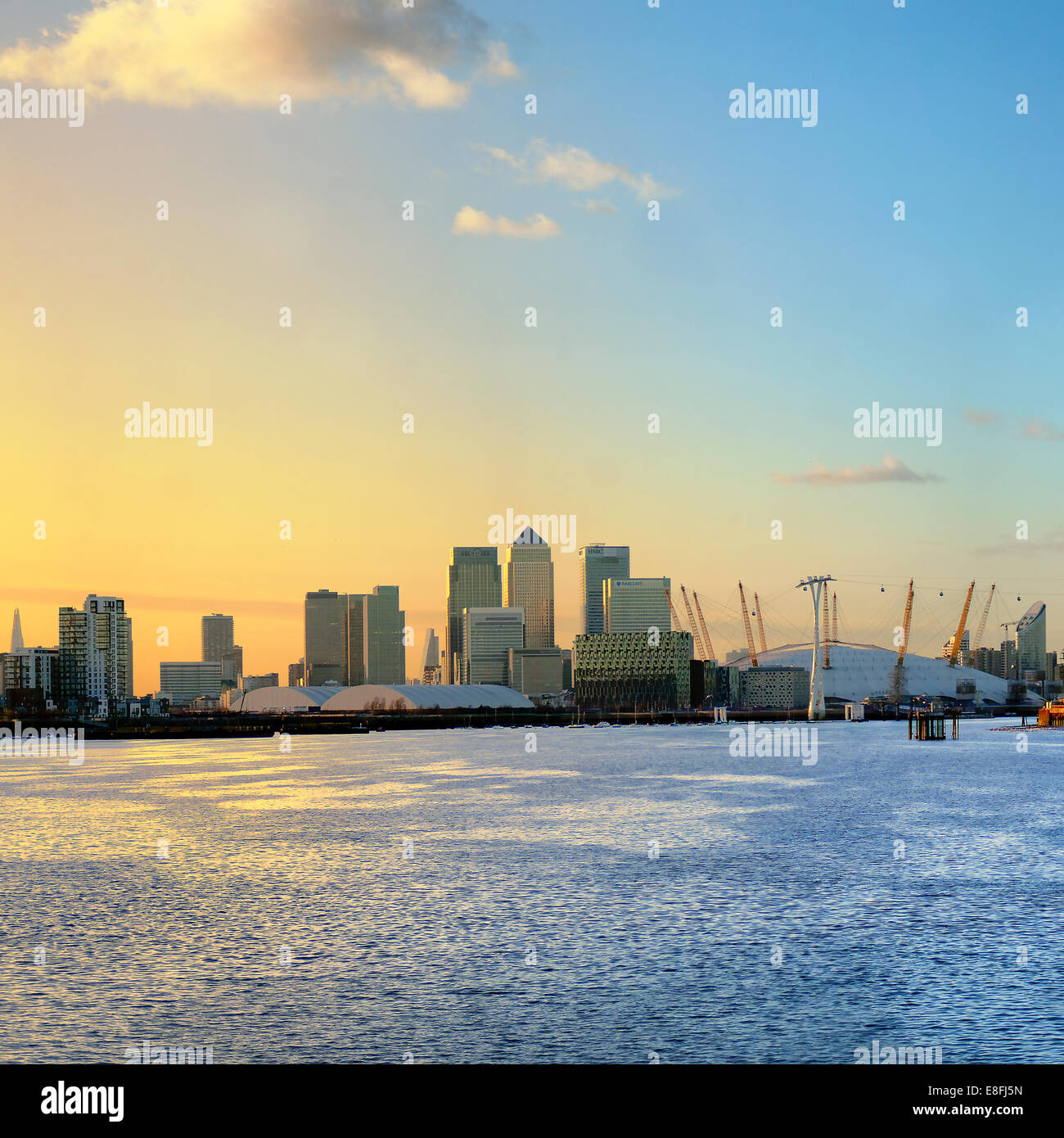 UK, England, London, Canary Wharf, Skyline at sunrise Stock Photo