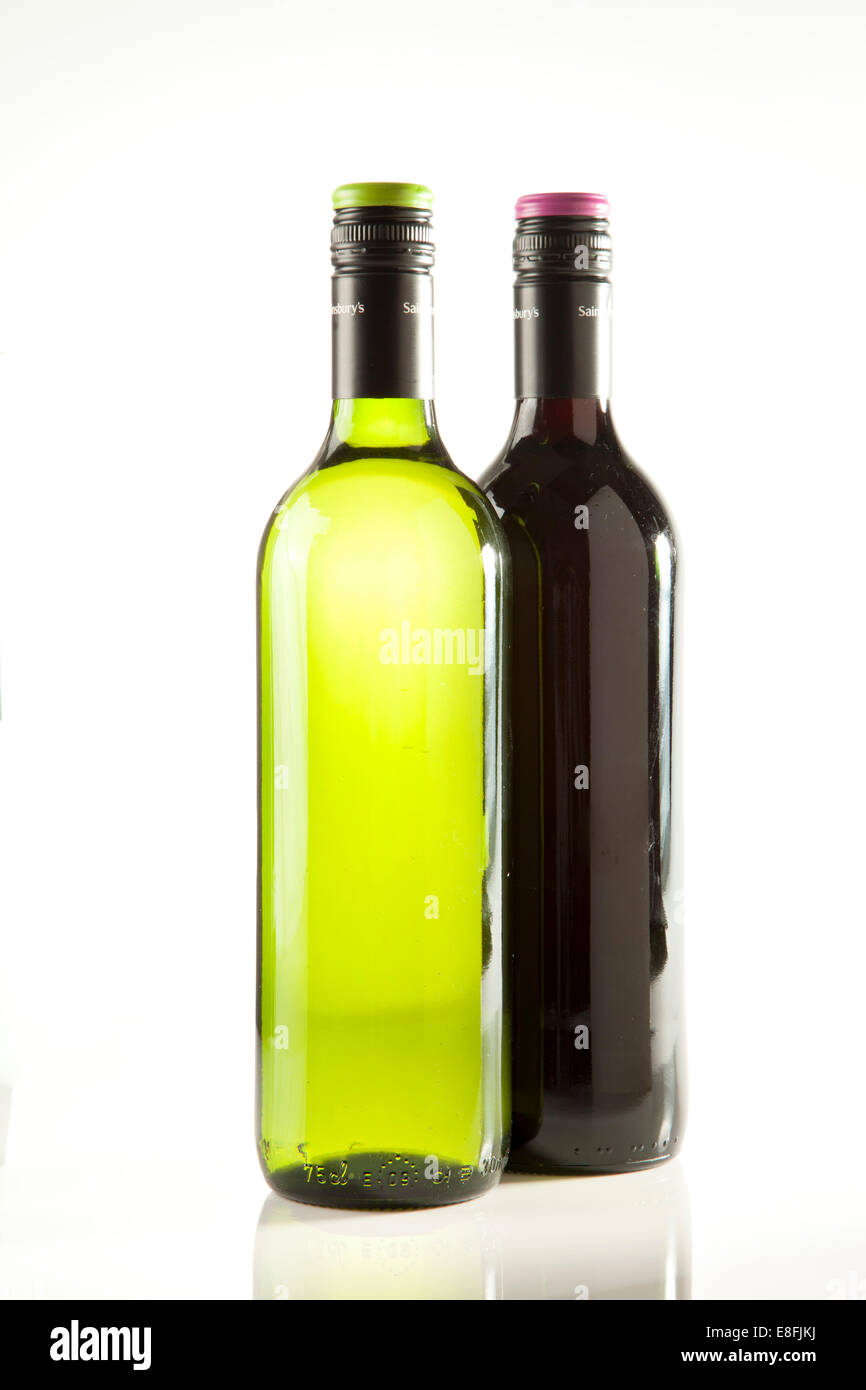 Two bottles of red wine and white wine Stock Photo