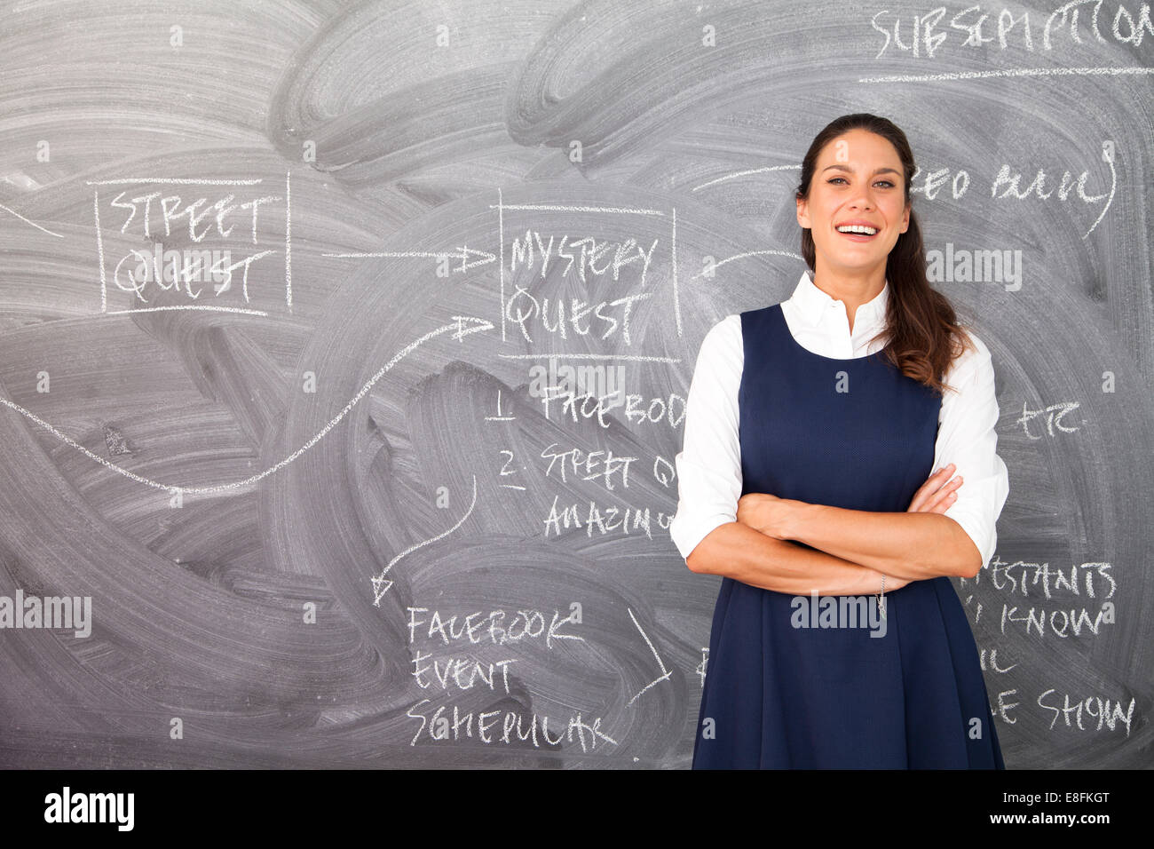 Portrait of a Businesswoman standing in front of a blackboard with her arms folded Stock Photo