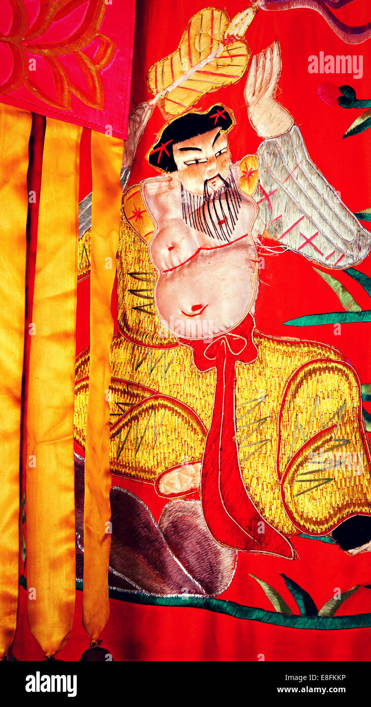 Khon Kaen, Thailand, Southeast Asia Chinese Temple,  Tapestry Silk Art Work. Stock Photo