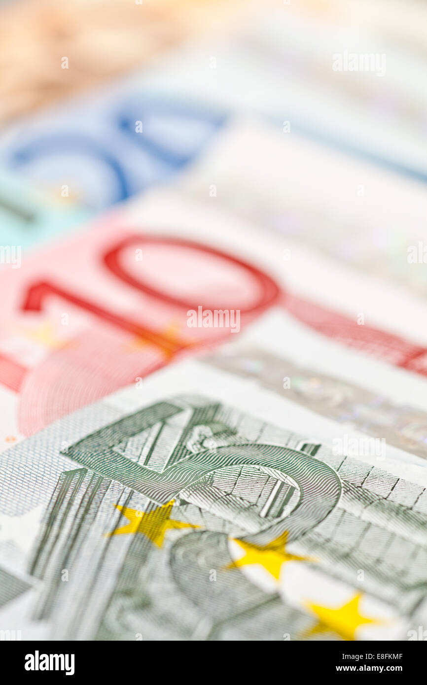 Full frame close-up of assorted Euro Banknotes Stock Photo