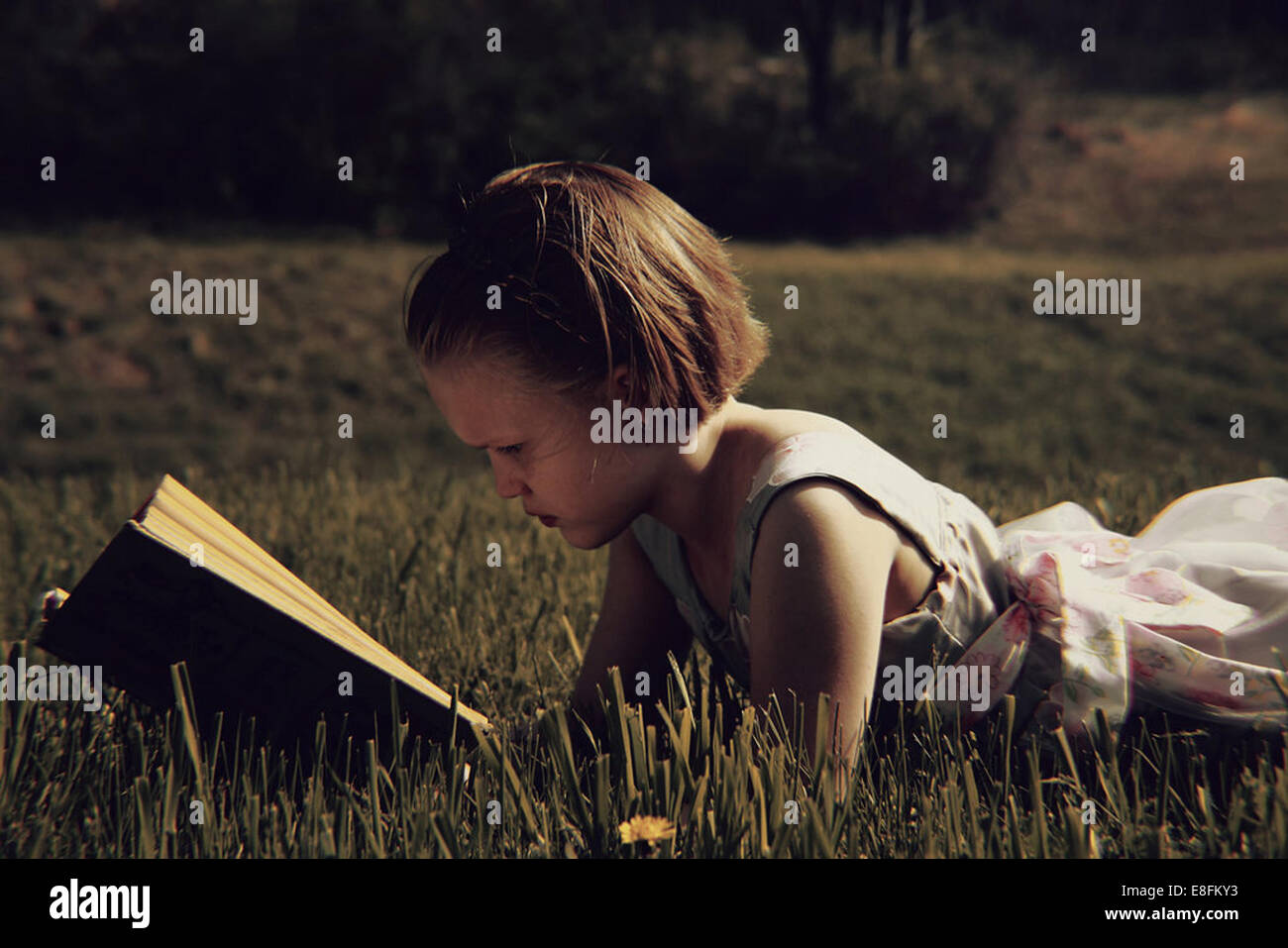 Girl lying in the garden reading a book Stock Photo