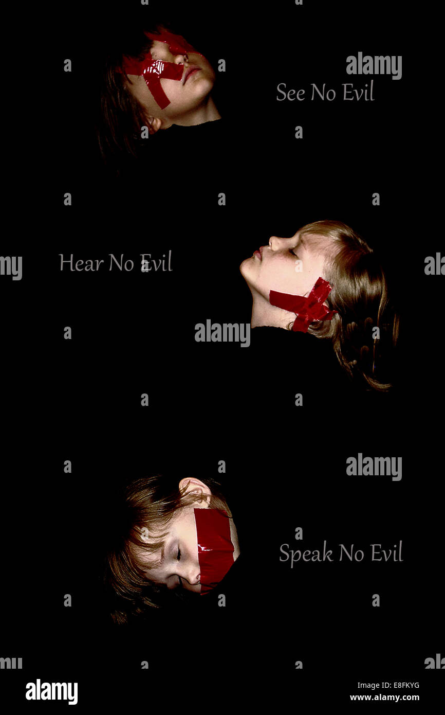 Montage of a Girl with tape covering her eyes, ears and mouth Stock Photo
