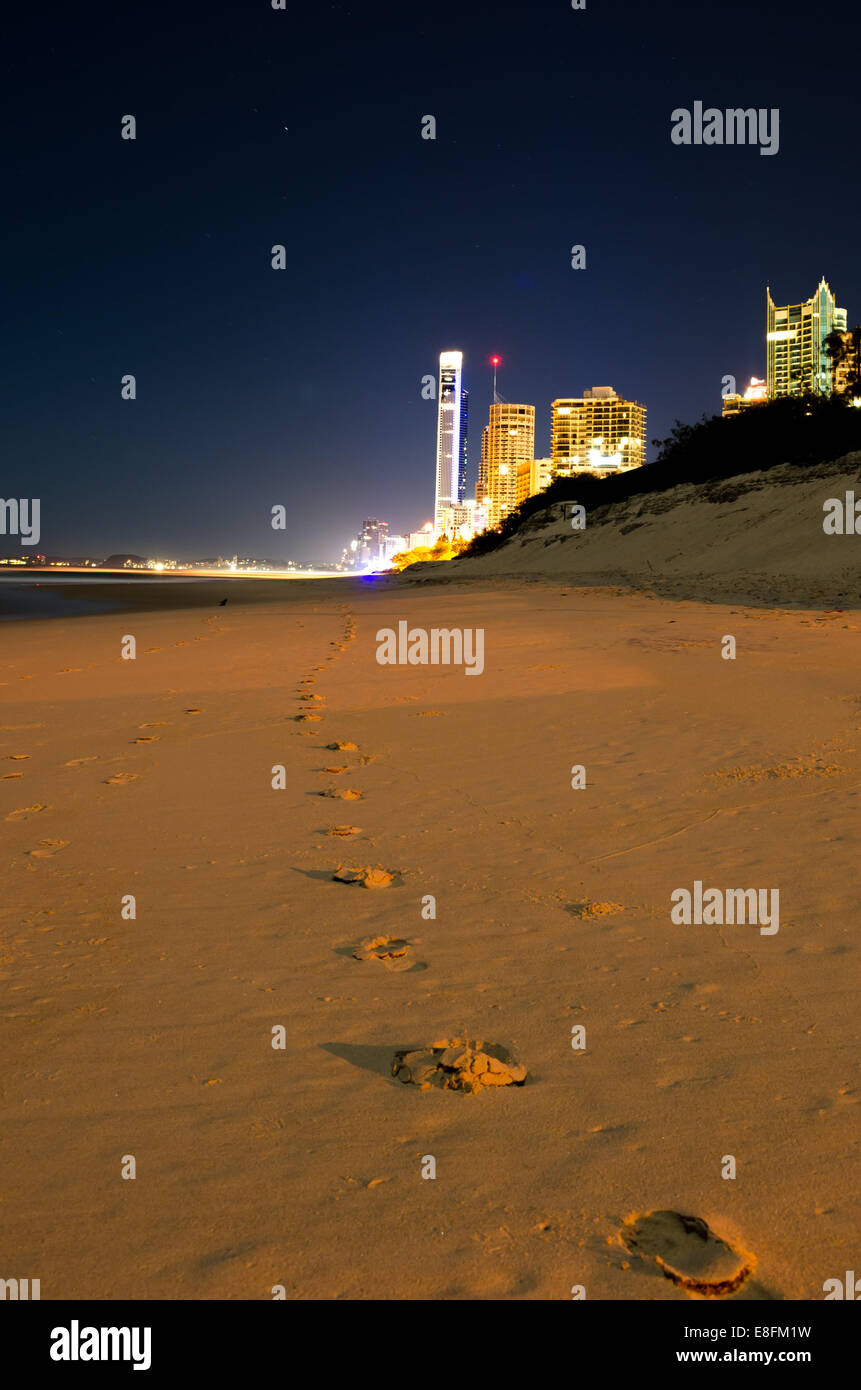 Australia, Queensland, Gold Coast, Beach of Surfers Paradise at night Stock Photo