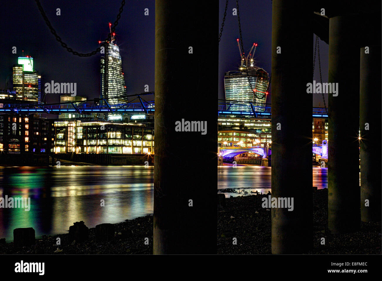 United Kingdom, England, London, Cityscape with Tower 42, Leadenhall Building, Walkie Talkie, Millennium Bridge and Southwark Bridge Stock Photo
