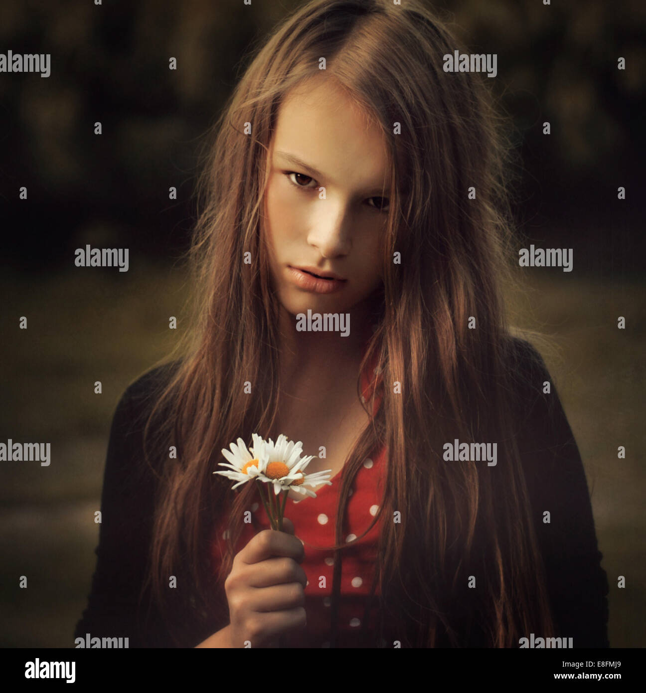 Portrait of a teenage girl holding a small bunch of daisies, Poland Stock Photo