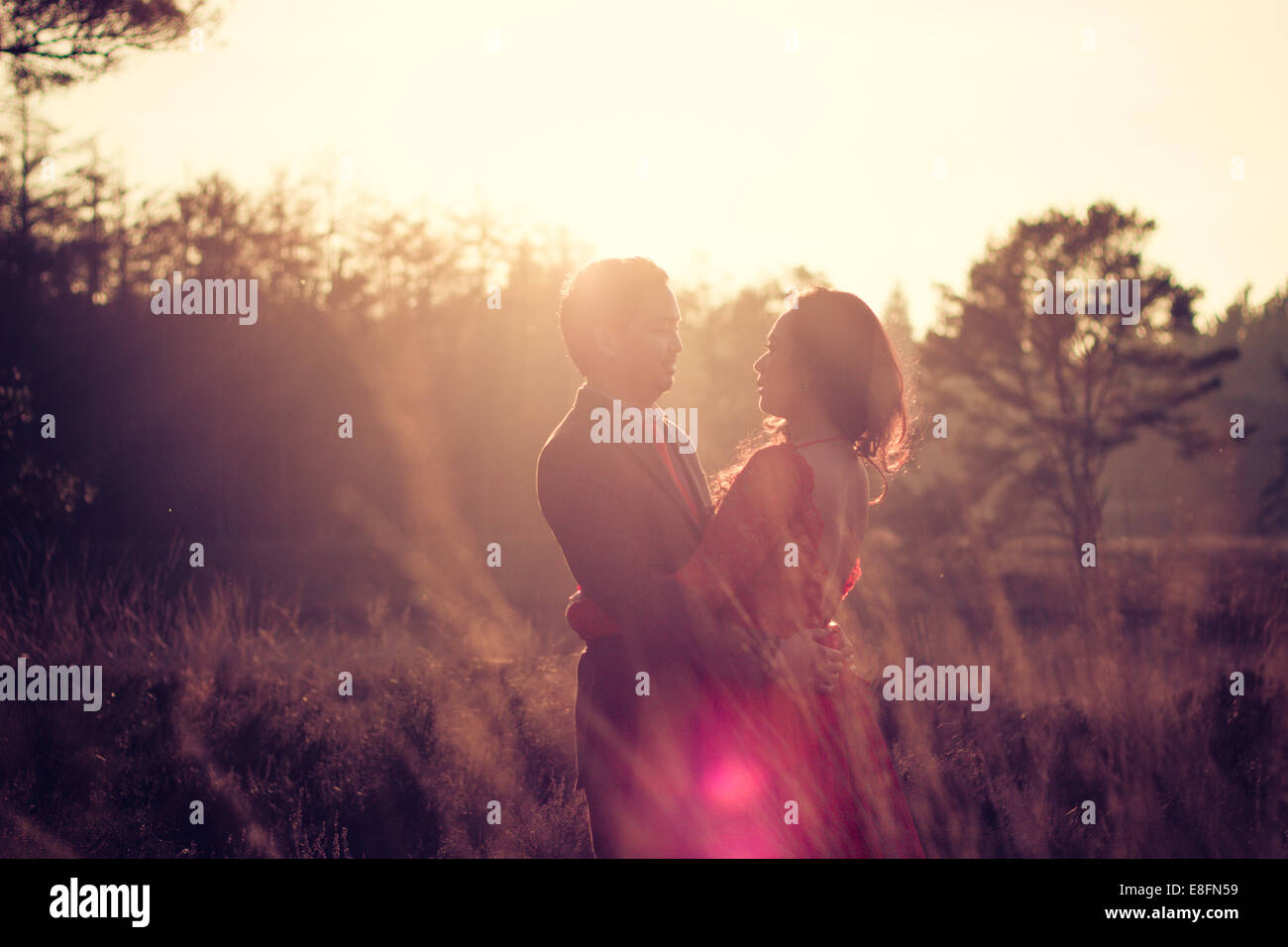 Netherlands, Portrait of couple standing in meadow Stock Photo