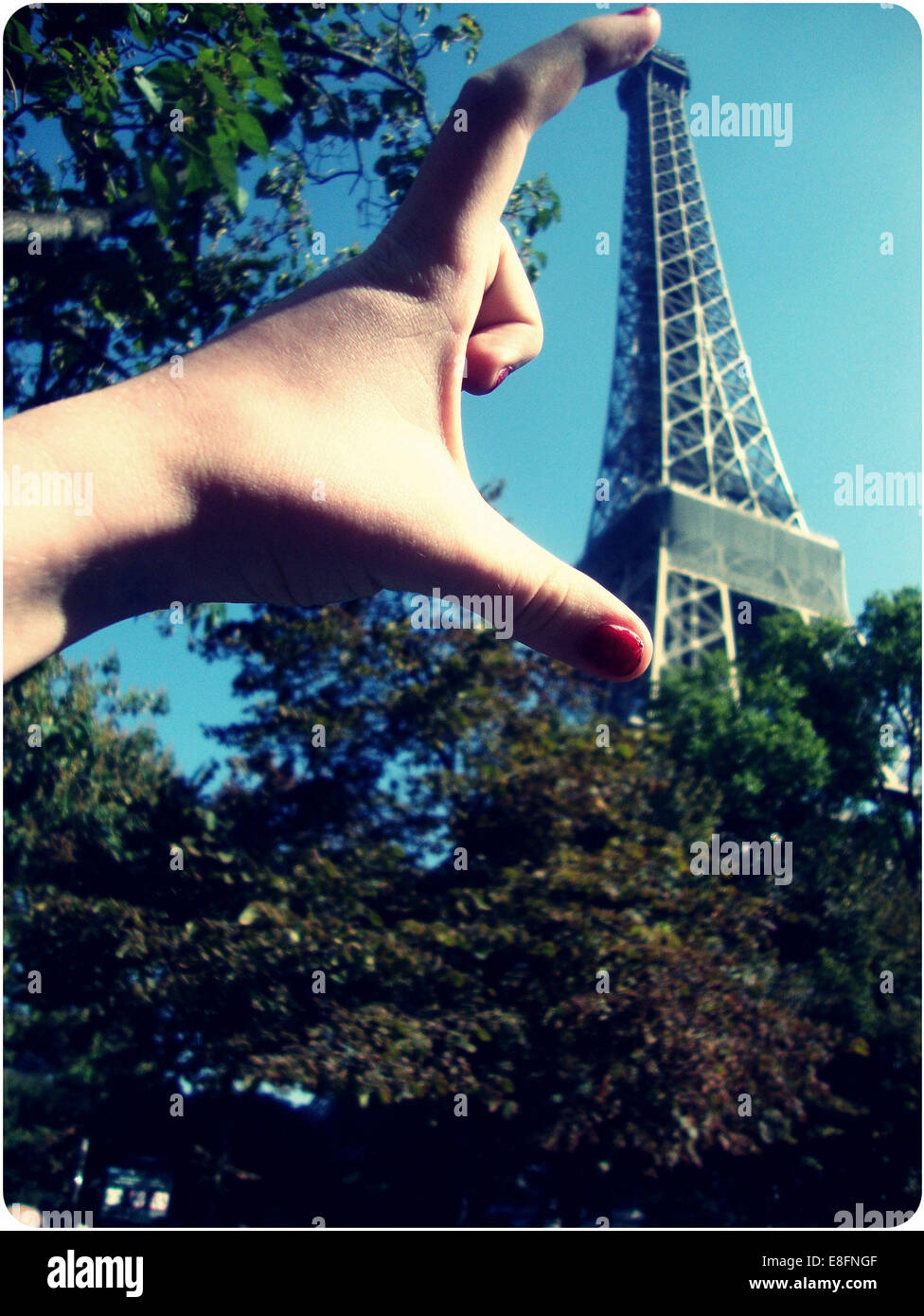 Paris, Hand and Eiffel Tower Stock Photo
