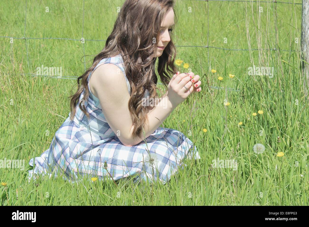 Teenage girl sitting in a meadow picking flowers Stock Photo