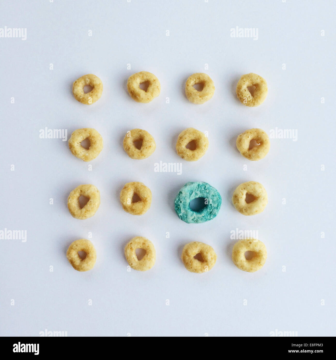Close-up of circular breakfast cereal in a row Stock Photo