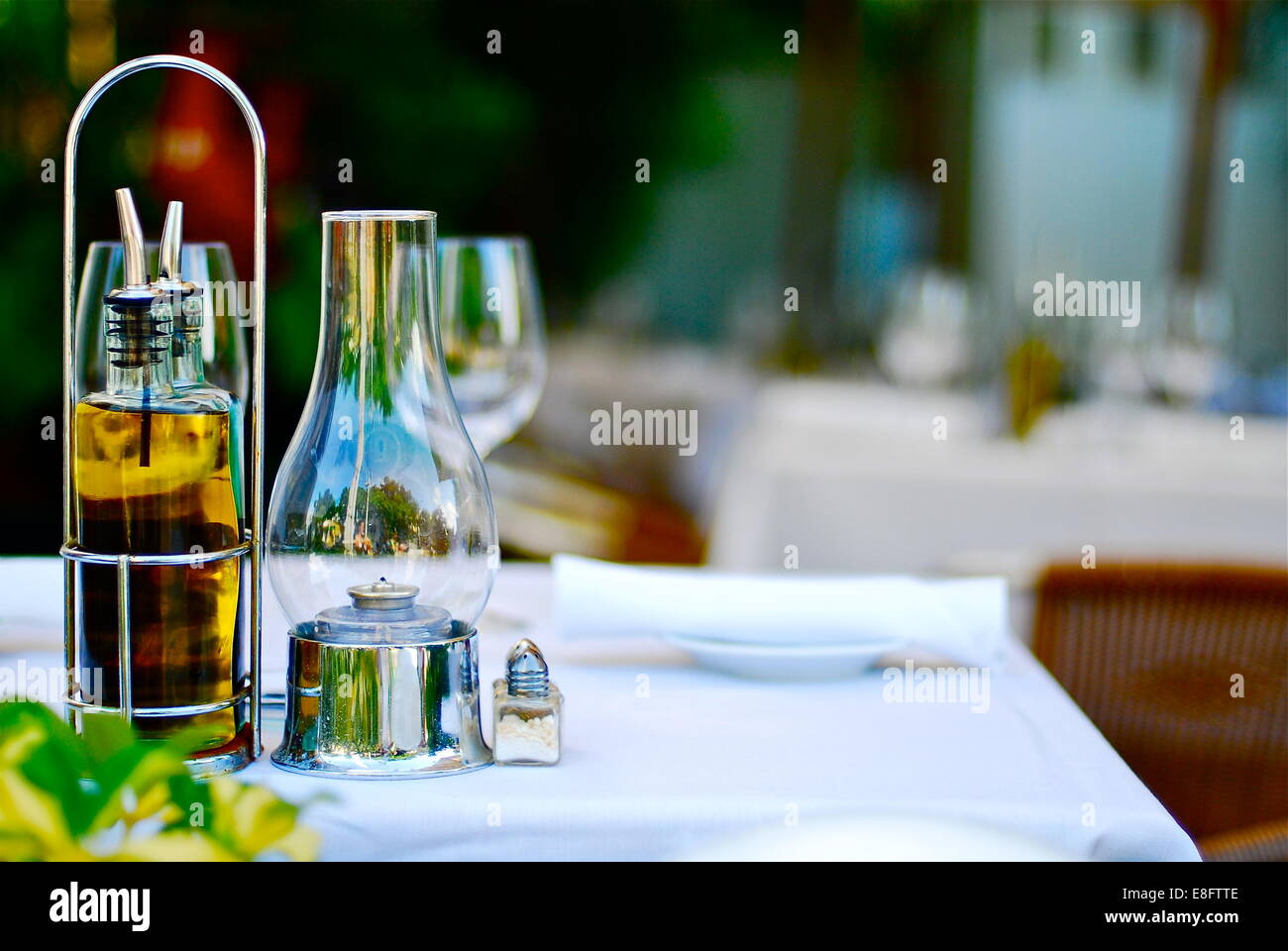 USA, Florida, Monroe County, Key West, Oil & vinaigrette on table in restaurant Stock Photo