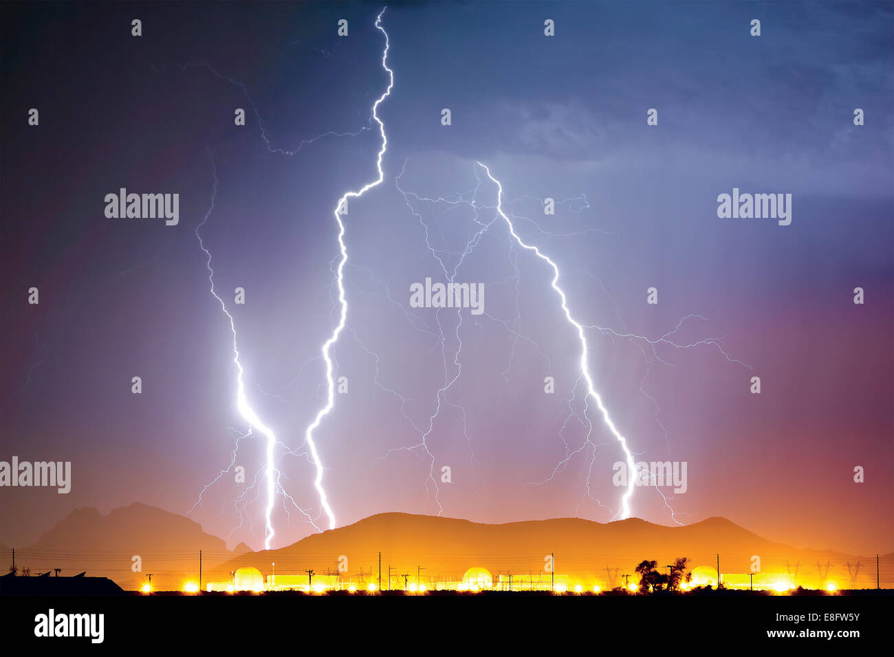 Thunder bolt over Nuclear Power Plant, Wintersburg, Arizona, america, USA Stock Photo
