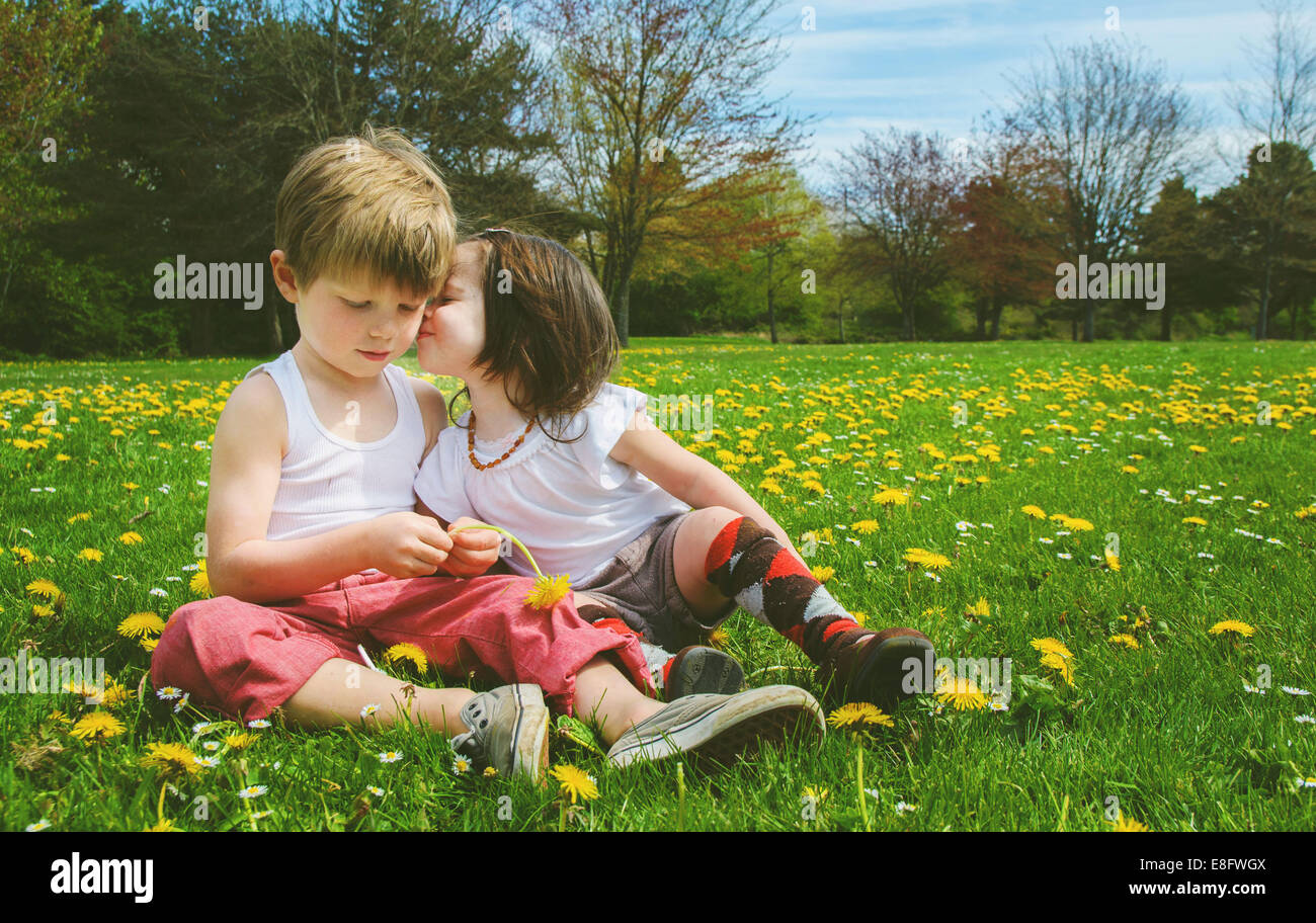 Girl kissing a boy in a meadow Stock Photo