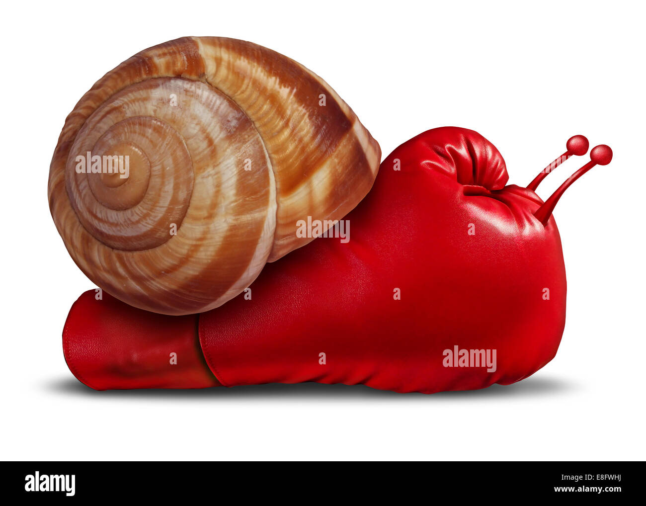 Business patience noncompetitive crisis and inferior competitive skill as a red boxing glove shaped as a snail in a unambitious Stock Photo