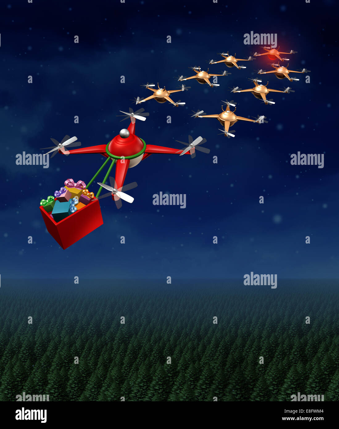 Drone christmas sled concept as group of organized drones in a reindeer sleigh formation with a santaclause flying quadrocopter Stock Photo