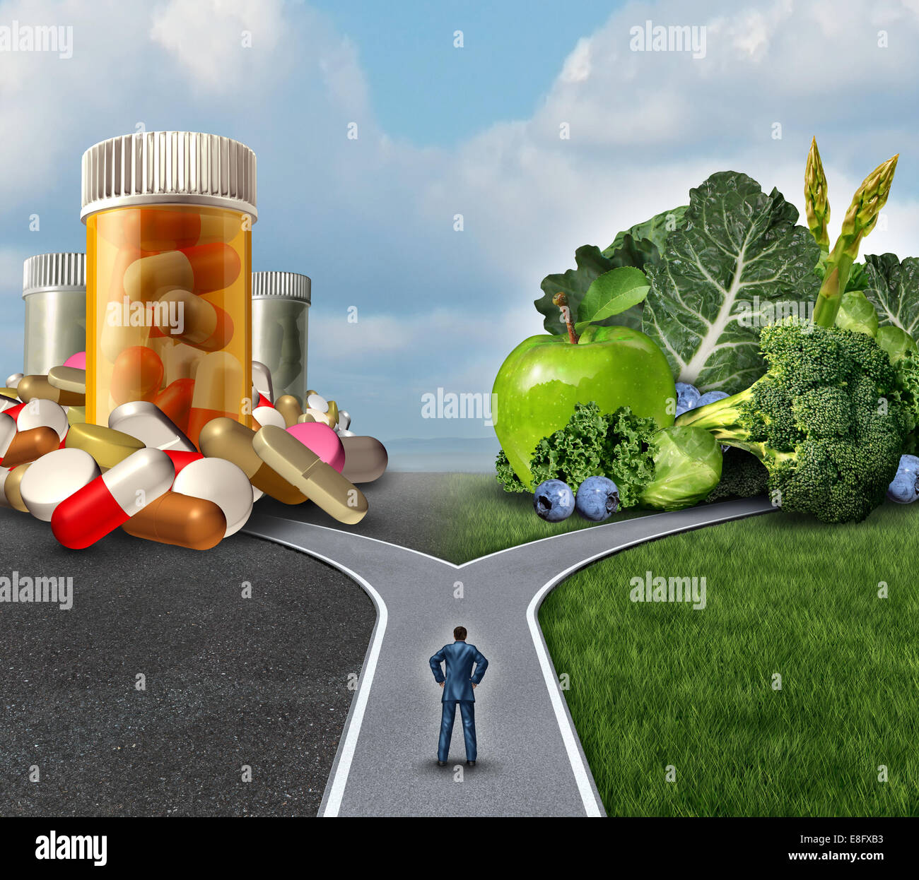 Medication decision concept and natural remedy nutrition choices dilemma between healthy fresh fruit and vegetables or pharmaceutical pills and prescription drugs with a man on a crossroad trying to decide the best path to health. Stock Photo