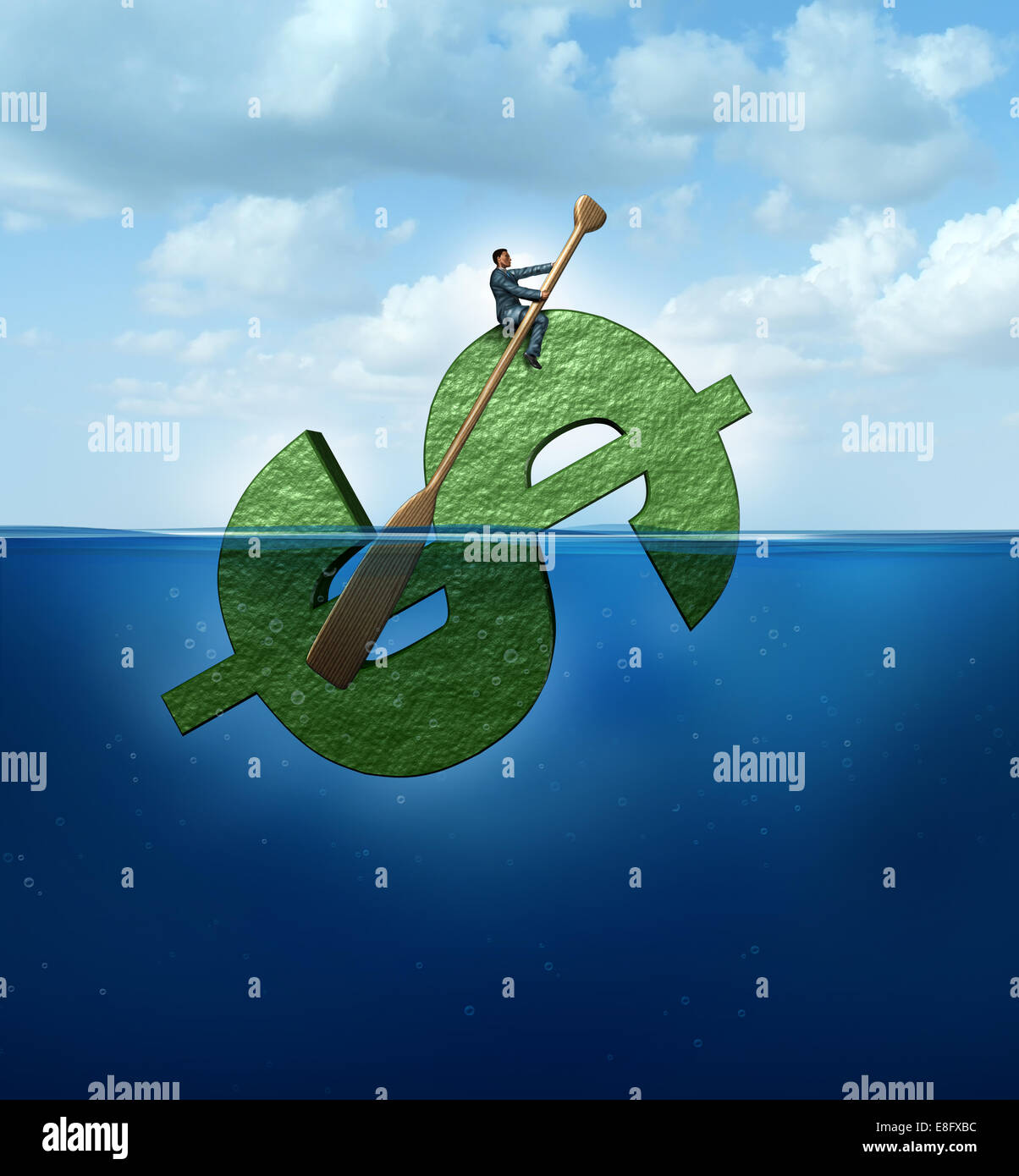 New markets concept as a financial destination and journey business concept as a businessman floating in the ocean on a giant dollar sign boat rowing with a paddle the object to a success destination as a symbol of wealth management. Stock Photo
