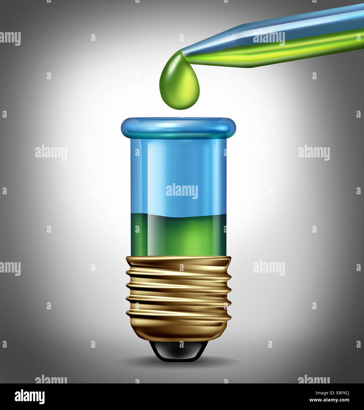 Scientific research Ideas as a biotechnology concept with a laboratory an eye dropper with green liquid and a test tube glass beaker shaped as a light bulb as a symbol of chemistry  discovery for new pharmaceutical development to fight disease. Stock Photo