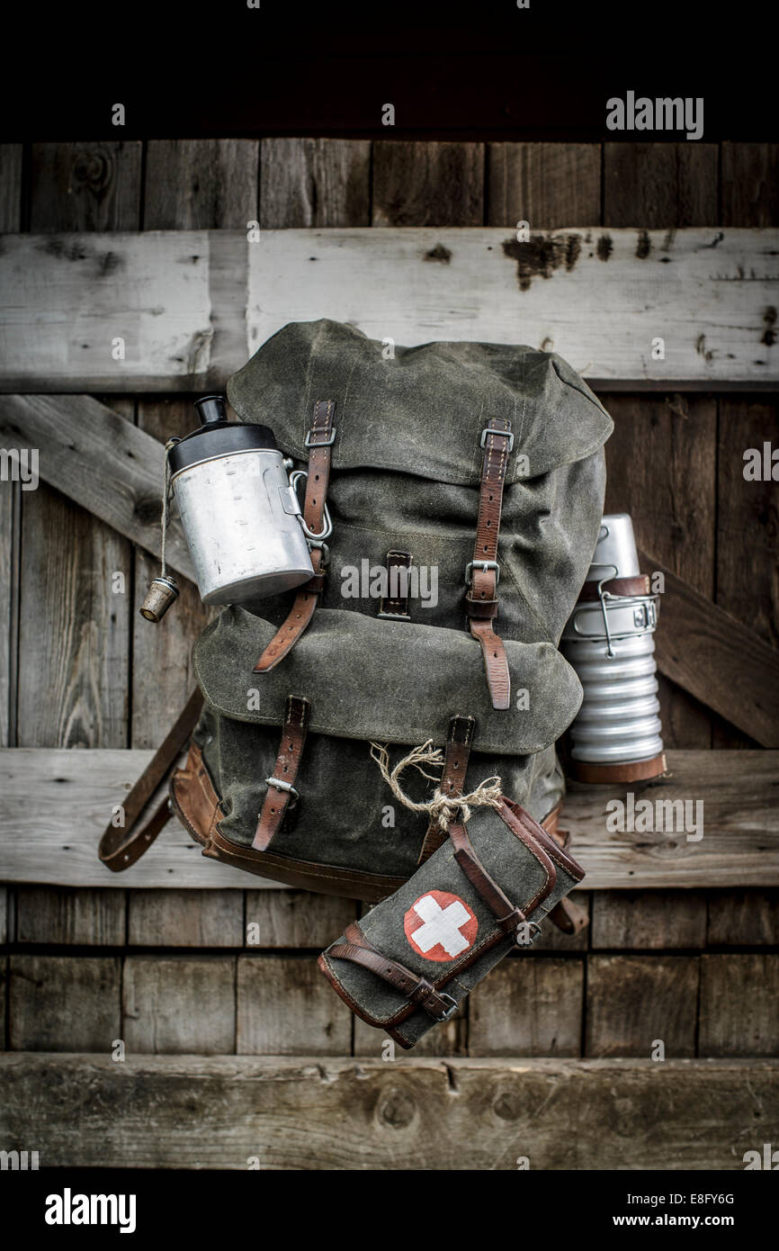 canvas and Leather swiss army mountain pack rucksack Stock Photo