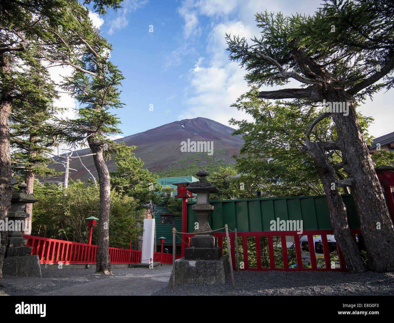 Climbing Mt. Fuji, JAPAN - View of Fuji from Komitake Shrine  at Fuji Subaru Line 5th Station (Yoshida Trail) Stock Photo