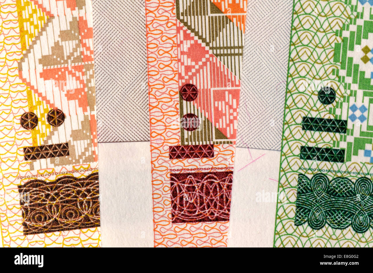 Detail of Belarus banknotes showing the Blind Code - raised intaglio-printed feature to help the blind. 20, 50 and 100 roubles Stock Photo