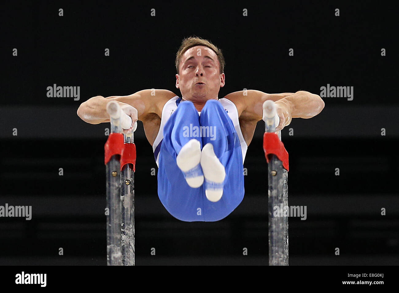 Daniel Keatings (SCO) in action on the parallel bars. Artistic