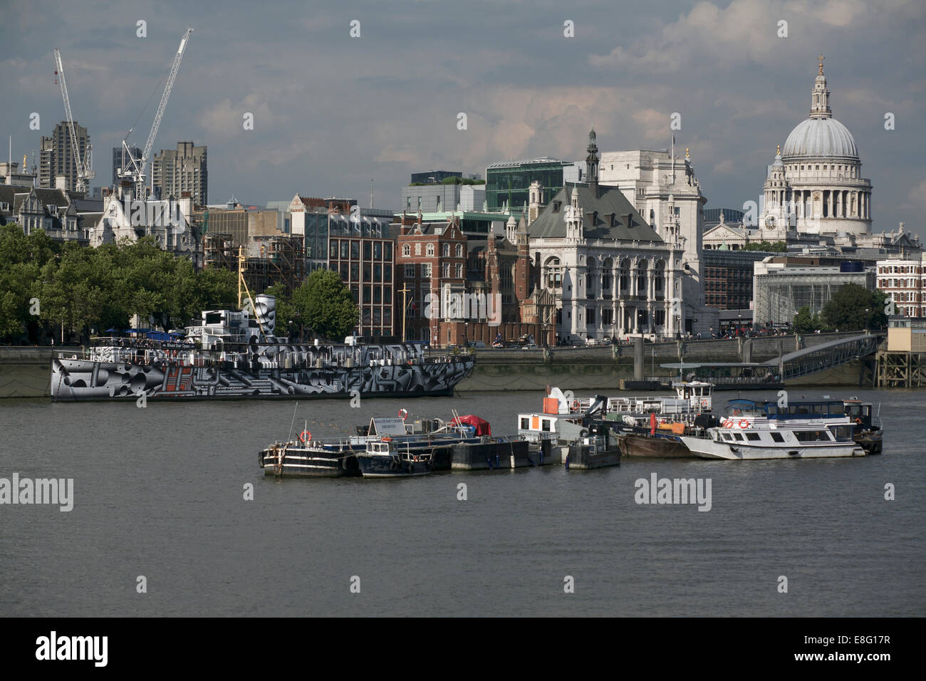 View across the river Thames dazzle ship by Tobias Rehberger St Paul's cathedral. St Paul's school Stock Photo