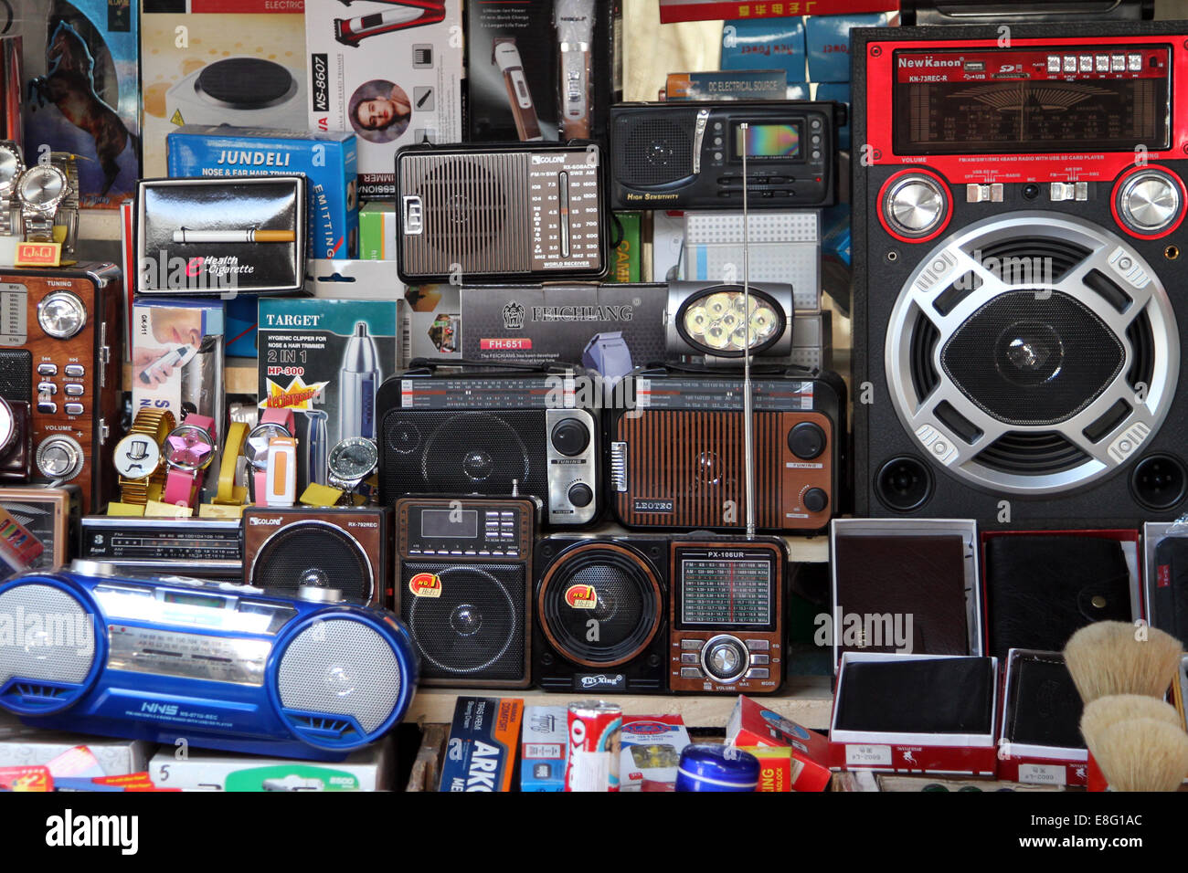 Radios and other personal electronic goods on sale at the City Market in Bitola, Macedonia Stock Photo